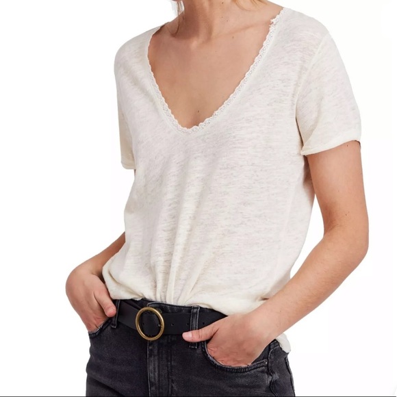 🔥FREE PEOPLE🔥SATURDAY LACE TRIM LINEN BLEND TEE IVORY LARGE NWT - Picture 4 of 11